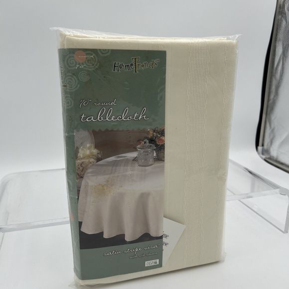 NOS - 70" Round Bone HomeTrends Satin Stripe Visa Tablecloth 5913RD7 - Picture 3 of 9